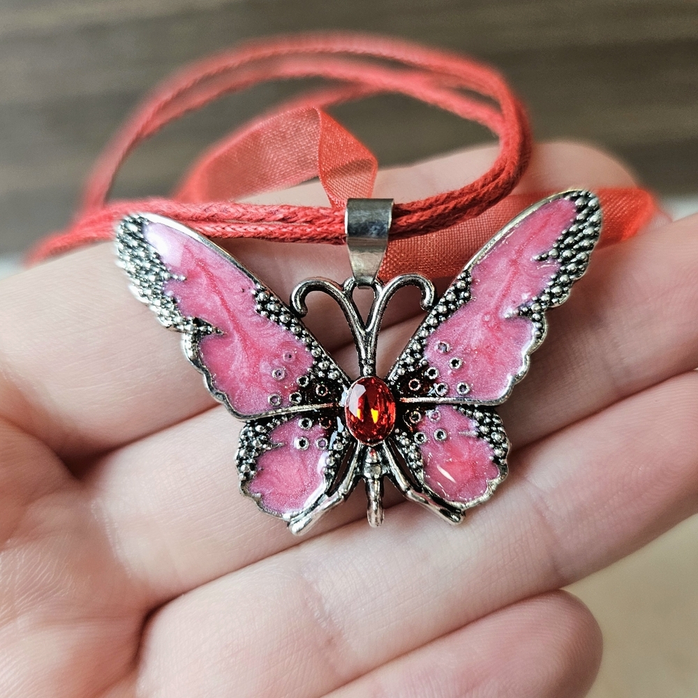 Bejewled Butterfly Swirl Ribbon Cord Necklace